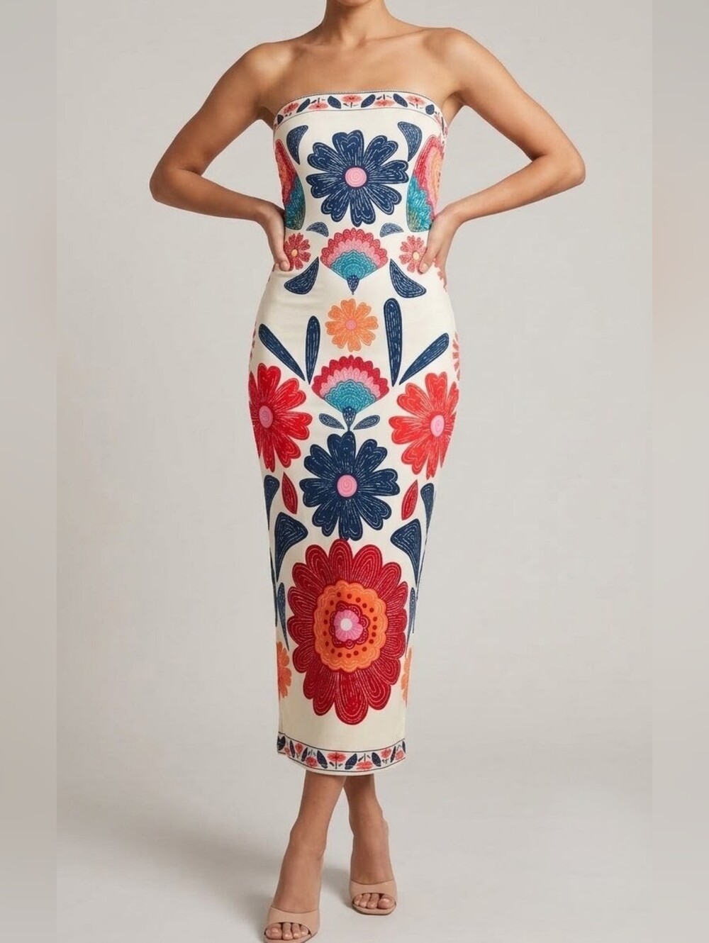 NWT Strapless Floral Folk Art Print Bodycon Midi Maxi Dress | Size Medium